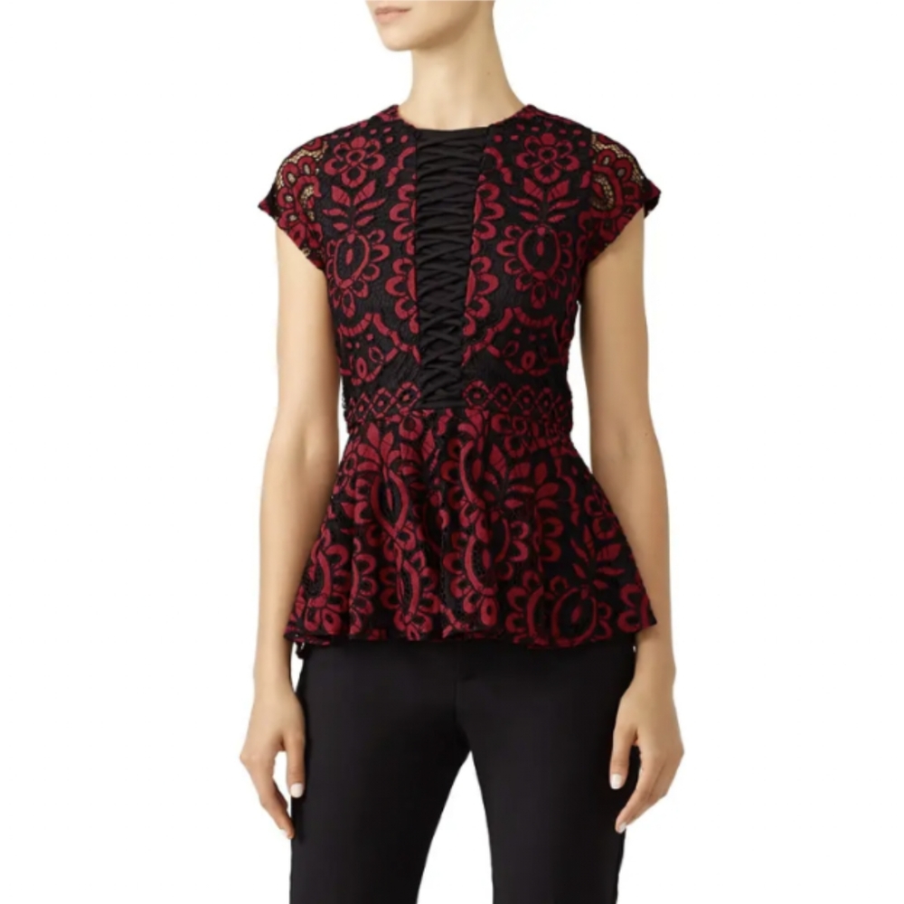 Parker Red and Black Lace Peplum Top